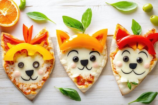 Creative cat-shaped mini pizzas with colorful veggie toppings and olive accents for fun meals
