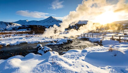 Fototapeta premium Snowy landscape with steaming hot springs, mountains, and sunrise