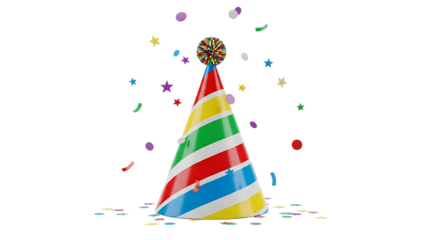 Colorful Striped Party Hat with Confetti and Stars