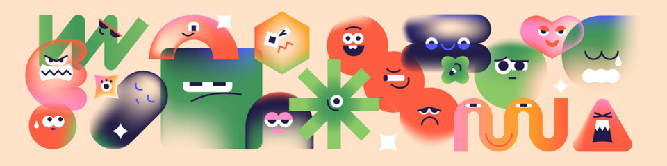 Composition of different geometric shapes standing together. Abstract figures, lines with various emotions on faces. Happy, sad, angry, and crying characters. Flat isolated vector illustration.