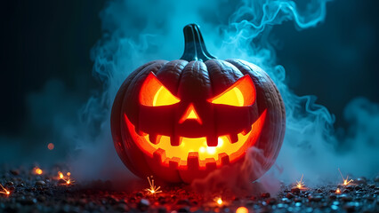 Obraz premium Jack-o'-lantern glows in blue haze—surreal, sculptural, and pulsing with menace, ritual, and poetic tension. 