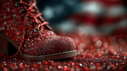 A blurred american flag shines behind a red glitter surface for festive patriotic events