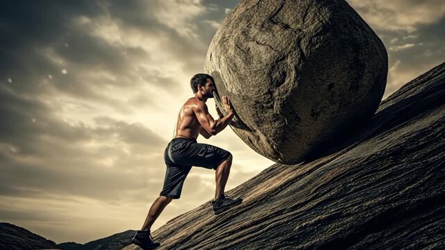 Man pushing heavy boulder up a steep rocky hill, symbolizing overcoming challenges and perseverance, inspiration footage.