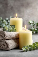 Relaxing Herbal Candle Scene with Eucalyptus and Soft Towels