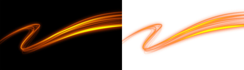 Vibrant orange and yellow glowing light trails and streak lines, modern abstract luminous wave effect shown on black background and isolated transparent version for decoration and motion graphics