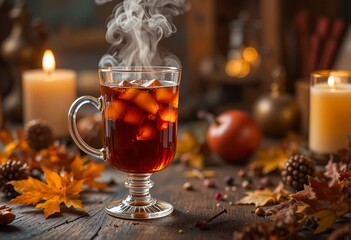 Hot Toddy in elegant glass goblet, steam rising, background with candlelight and autumn decor, rich textures.
