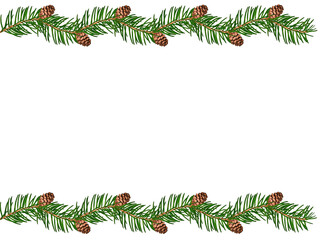 Christmas border with spruce branches and cones isolated on white background. Perfect for Christmas promotions, New Year sales, seasonal advertisements, holiday cards and invitations.