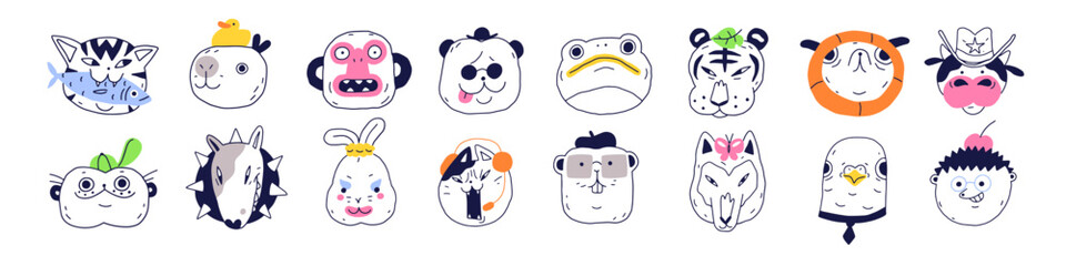Set of doodle animal faces with funny emotions. Scribble heads of dogs, cats, frogs with smile, cute facial expressions. Comic outline avatars. Flat isolated vector illustrations on white background.