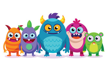Fototapeta premium Group of Five Colorful Cartoon Monsters with Big Eyes and Friendly Expressions characters