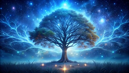 Mystical Tree of Life with Glowing Energy and Starry Night Sky