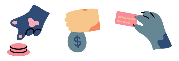 Cartoon Color Cat Paws Holding Business Items Button, Sack and Credit Card Set Concept Flat Design Style. Vector illustration