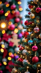 Ornate Christmas tree decorated with colorful ornaments and twinkling lights against a blurred festive background, blurred, happy, fir