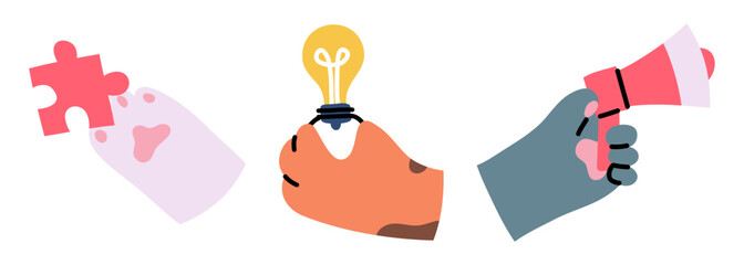 Cartoon Color Cat Paws Holding Various Marketing Jigsaw Puzzle, Light Bulb and Loudspeaker Object Set Concept Flat Design Style. Vector illustration