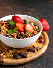 Healthy breakfast bowl with granola, strawberries, and chocolate (1)