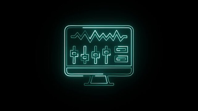 Glowing neon line PC computer with monitor animation. Desktop technology free icon HD video isolated on black background