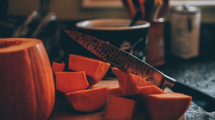 Fresh orange long pumpkin cut into pieces, showing vibrant color and healthy texture, seasonal vegetable concept highlighting natural food, organic nutrition and autumn harvest background.