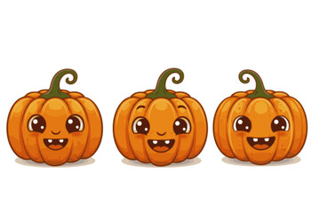 Three Cute Cartoon Pumpkins with Happy Faces. Adorable, Cheerful, and Whimsical Autumn or Halloween Characters. Friendly Jack-o'-Lanterns.