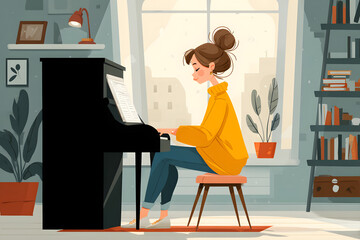 Scene of piano lessons online training or E-class learning while Coronavirus spread out or covid-19 crisis situation, vlog or teacher make online piano lesson to teach students pupils learn from home.