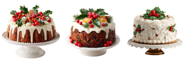 Set of Elegant Christmas cake on a white cake stand, decorated with icing and small festive ornaments on transparent png background. Ai generated