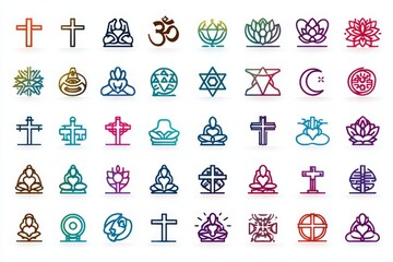 Obraz premium Spiritual Harmony: A vibrant illustration showcasing a diverse array of religious symbols. Explore the beauty of faith and tradition in this stunning visual narrative.