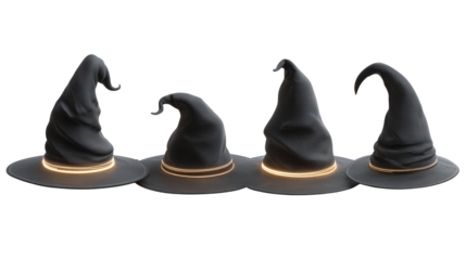 Set of 4 black witch hats with glowing bands, isolated on transparent background 