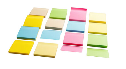 A collection of colorful sticky notes arranged in a grid pattern, isolated on a transparent background