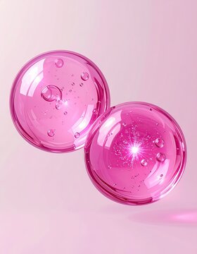 Two translucent pink spheres, seemingly floating, display internal bubbles and highlights.  A soft, light pink gradient background emphasizes the spheres
