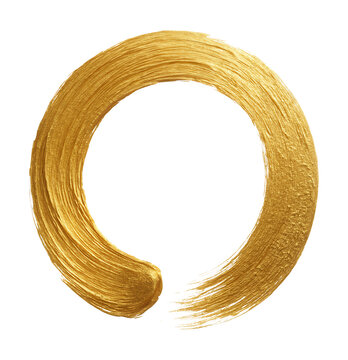 Serene golden brush stroke circle with textured abstract zen enso symbol.