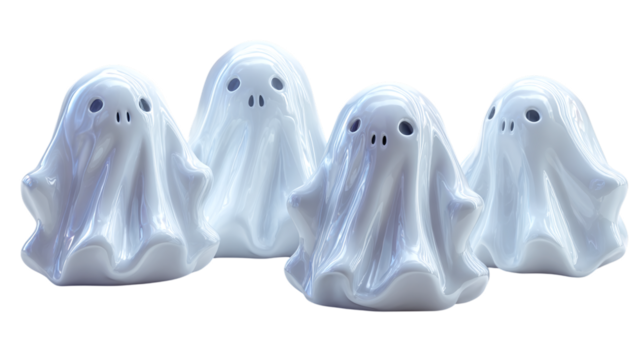 Set of 4 ghost figurines, isolated on transparent background 