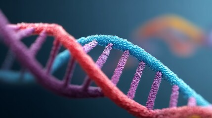 Crystal-clear close-up of colorful DNA strands interwoven in complex double helix