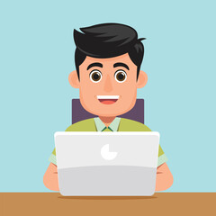 Smiling Young Man Working on Laptop – Cartoon Vector Illustration