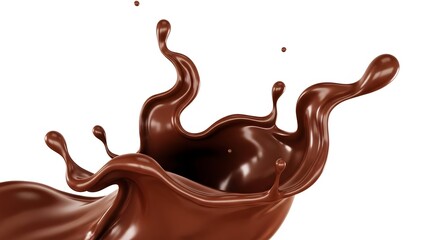 Close-up of melting chocolate splash, isolated on a white background, glossy 3D effect.
