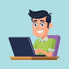 Smiling Young Man Working on Laptop – Cartoon Vector Illustration