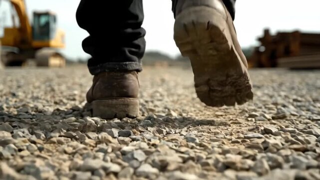 Walking on Gravel at a Construction Site in Early Afternoon Wearing Work Boots Near Heavy Machinery