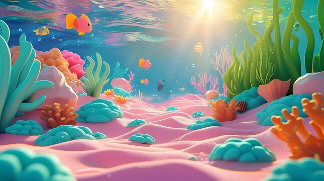 Digital abstract colorful backgroundBeautiful harbor view with colorful autumn flowers and3D cartoon underwater world with bright pastel colors, soft sandy pink seabed, green sea plants, colorful cora