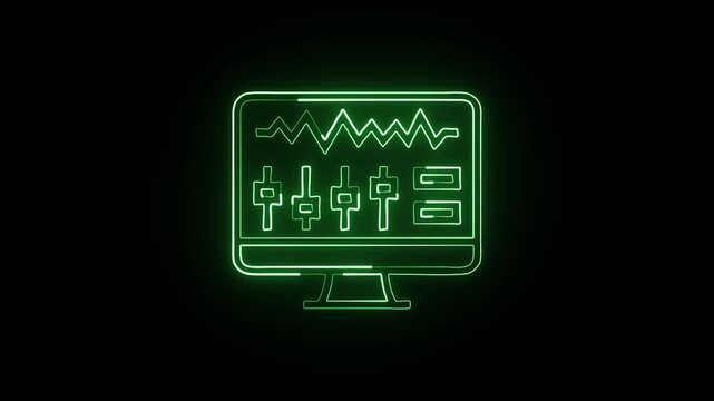 Glowing neon line PC computer with monitor animation. Desktop technology free icon HD video isolated on black background