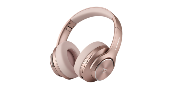 Rose gold wireless headphones on black background audio