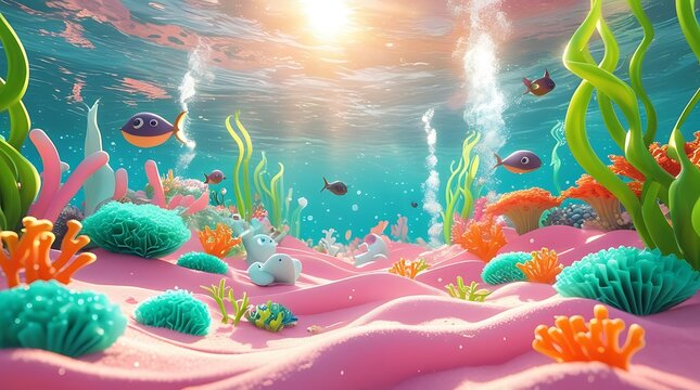 Digital abstract colorful backgroundBeautiful harbor view with colorful autumn flowers and3D cartoon underwater world with bright pastel colors, soft sandy pink seabed, green sea plants, colorful cora