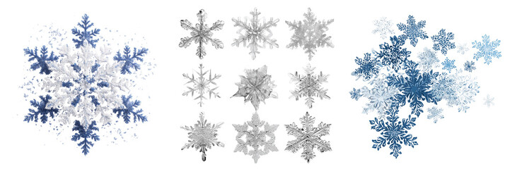 Set of Silver snowflake with sparkling glitter, 3D render on transparent png background. Ai generated