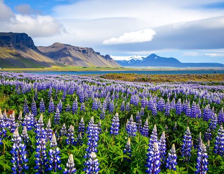 Lush lupine field, dramatic mountains - Powered by Adobe