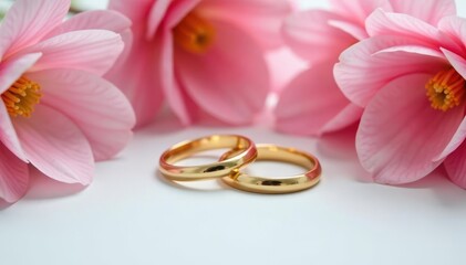 Delicate pink blooms frame two gleaming gold wedding bands on pristine white , subtle, flowers