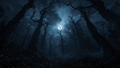 A spooky forest at night with bare trees reaching up to the cloudy sky