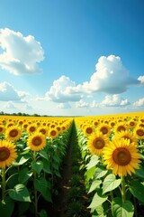 Endless rows of sunflowers stretching to a boundless sky , golden, agriculture, meadow