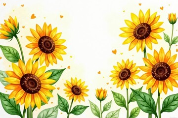 Loose watercolor strokes, cheerful sunflower cluster, bloom, field, background