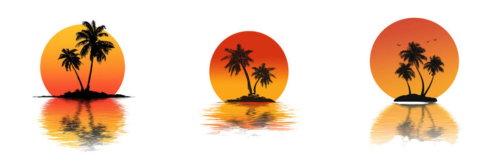 Set of Vibrant palm tree crown with sunlight peeking through during sunset on transparent png background. Ai generated