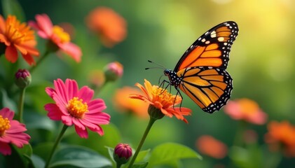 Monarch butterfly nectaring on vibrant wildflowers, grass, vibrant