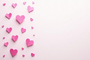 Numerous small pink hearts dispersed across a bright white backdrop, design, light, sweet