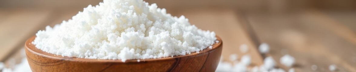 Pile of white sugar in a wooden bowl, isolated , confectionery, culinary