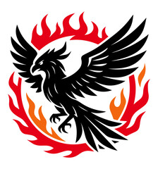 Phoenix bird in flight, black and red vector emblem with flame wings