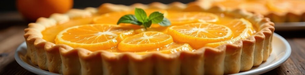 Rich orange filling, flaky crust edge, perfectly portioned, dessert, still life